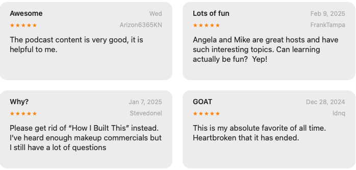 A screenshot of a podcast’s review section with 5-star ratings